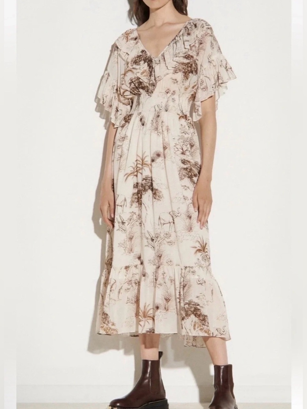 Sandro Floral Ruffle V-Neck Midi Dress in Cream and Brown